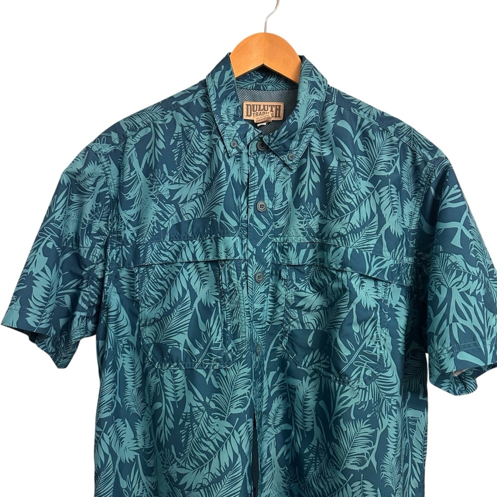 Duluth Trading Shirt Blue Tropical Leaf Vented Fishing CoolPlus Men’s Large - Picture 3 of 9